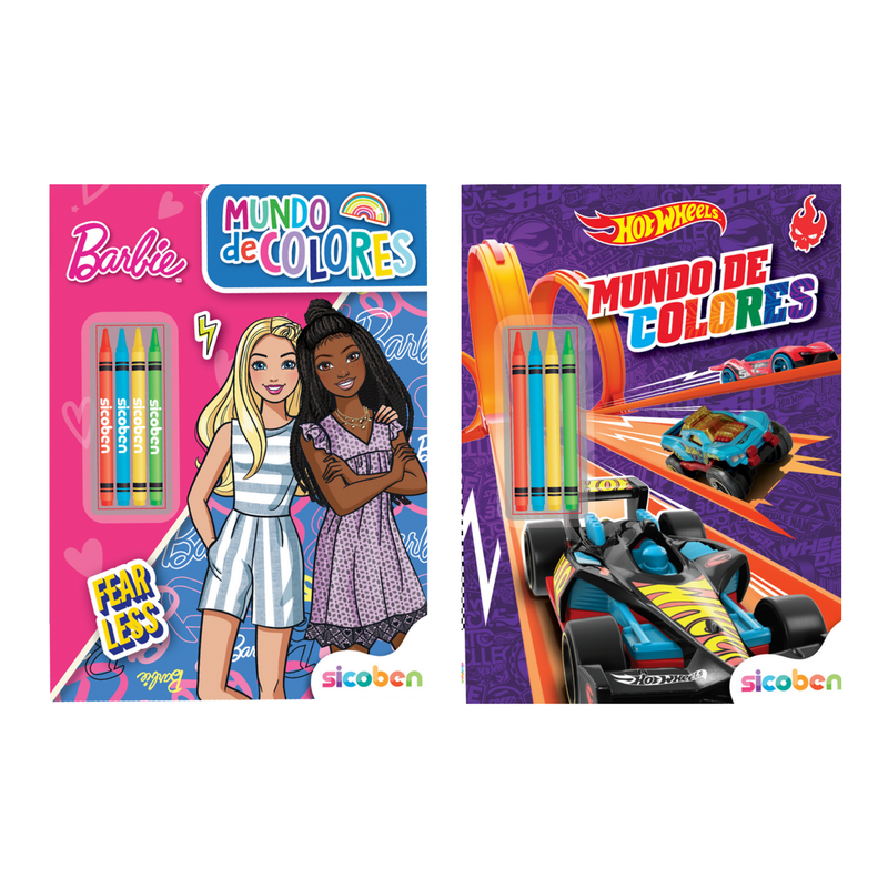 MUNDO DE COLOREAR (BARBIE Y HOTWHEELS) 32 PAG + 4 CRAYONES 19,7X27CM SICOBEN