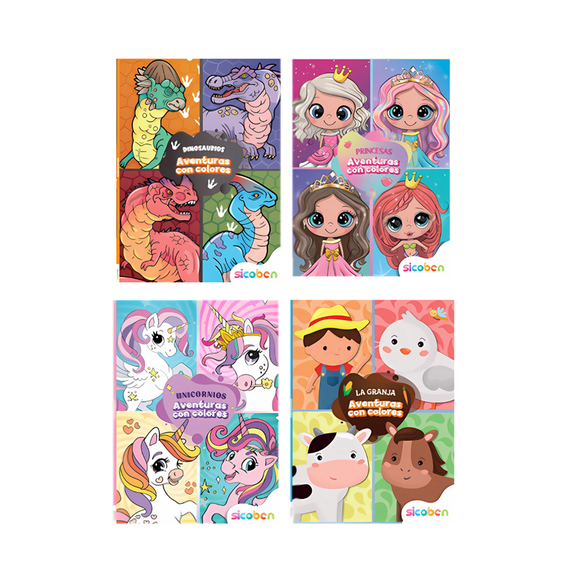 AVENTURAS CON COLORES  4 TITULOS 16 PAG LIBRO P/COLOREAR SICOBEN