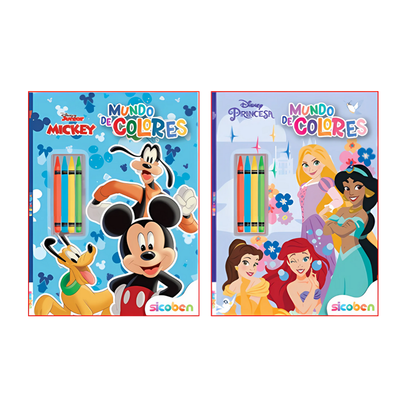 MUNDO DE COLORES DISNEY (MICKEY Y PRINCESAS) 32 PAG + 4 CRAYONES 19,7X27 CM SICOBEN