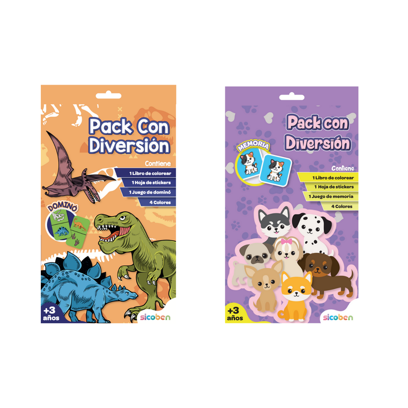 PAQUETE: 1 LIBRO DE COLOREAR,  1 HOJA DE STICKERS,  1 JUEGO DE MEMORIA O DOMINÓ ROMPECBEZAS SEGÚN EL MODELO, 4 COLORES, 4 MODELOS SICOBEN
