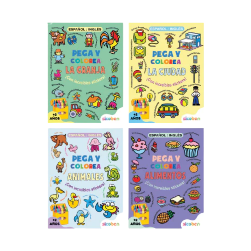 COLECCIÓN PEGA Y COLOREA 4 TITULOS LA GRANJA, LOS ANIMALES, ALIMENTOS Y L CIUDAD SICOBEN