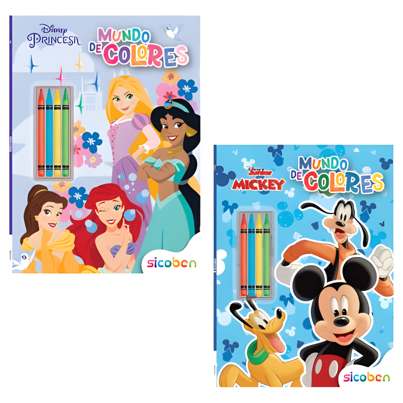 MINI PACK DISNEY PRINCESAS/MICKEY LIBRO/STICKERS/ 4 LAPICES DE COLOR SICOBEN