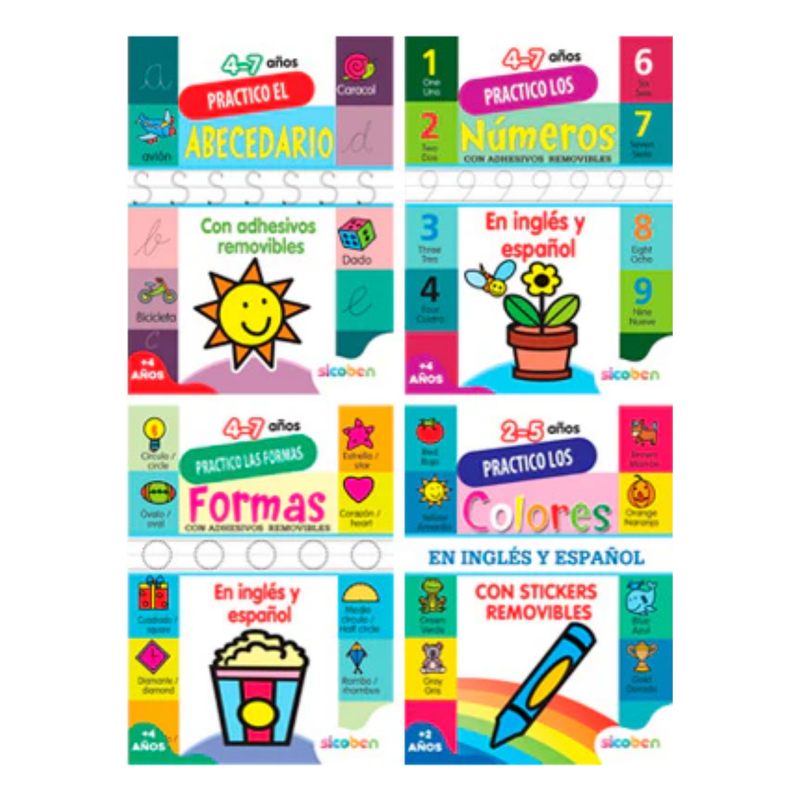 PRACTICO EN CASA 4 PORTADAS COLORES/NUMEROS/FORMAS/ABECEDARIO 48PAG 2PAG STICKERS SICOBEN