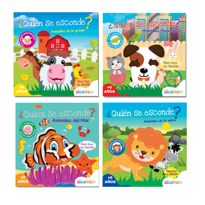 ¿QUIEN SE ESCONDE? LIBRO DE LECTURA- 8 PÁGINAS- 4 PORTADAS SOBRE ANIMALES MEDIDAS 20X20CM SICOBEN