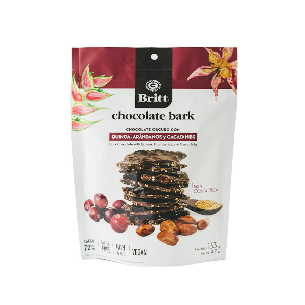CHOCOLATE BRITT BARK CON QUINOA, ARANDANOS Y CACAO NIBS