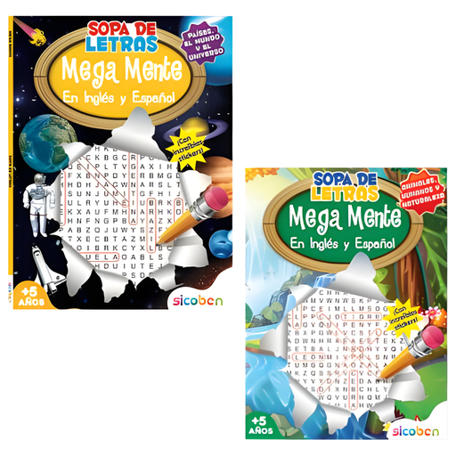 [OFF-SBA-4336] MEGAMENTE SOPA DE LETRAS INGLES/ESPAÑOL 2 PAG STICKER 20X27CM SICOBEN